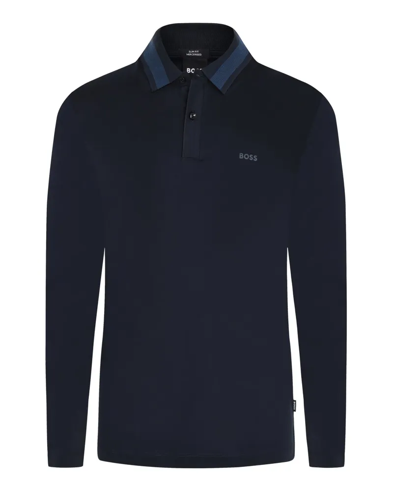 HUGO BOSS Glattes Langarm-Poloshirt mit Logo-Print und Streifenakzenten in Marine