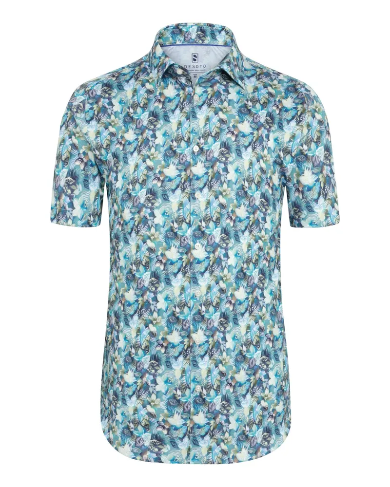 DESOTO Jersey-Kurzarmhemd mit floralem Print und Kentkragen, Slim in Türkis