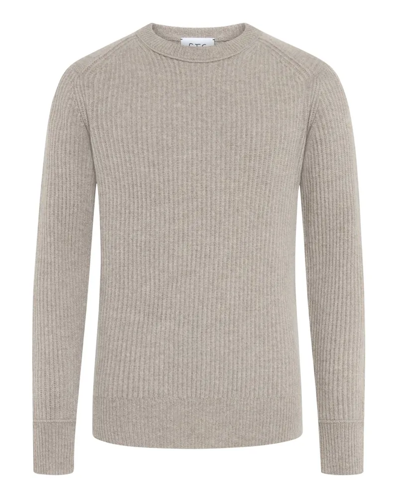 FTC Cashmere Softer Rundhalspullover aus Kaschmir mit Rippbündchen in Kreide
