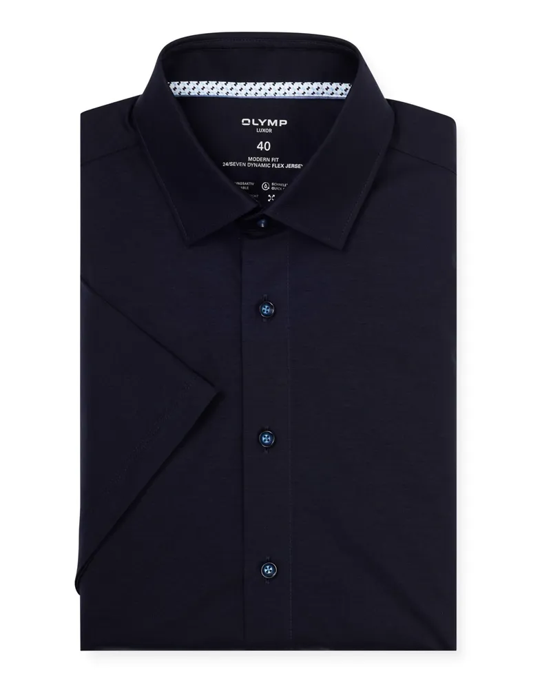 Olymp Luxor, Modern Fit, unifarbenes Dynamic Flex Jersey-Kurzarmhemd in Marine