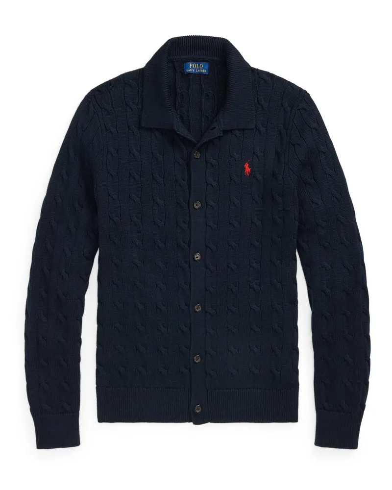 Ralph Lauren Strickjacke aus Baumwolle mit Zopfmuster und Logo-Aufnäher in Marine