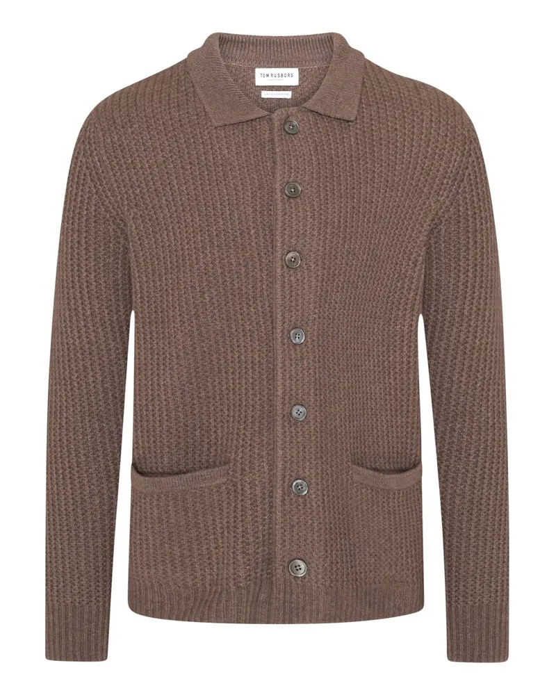 Tom Rusborg Strickjacke aus Kaschmir mit aufgesetzten Taschen und Umlegekragen in Braun