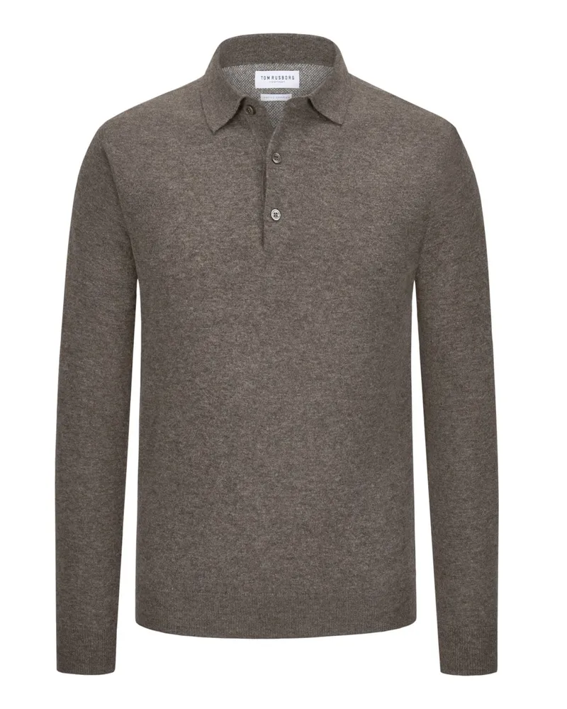 Tom Rusborg Glattstrick-Langarmpoloshirt aus Merinowolle mit Kaschmiranteil in Braun