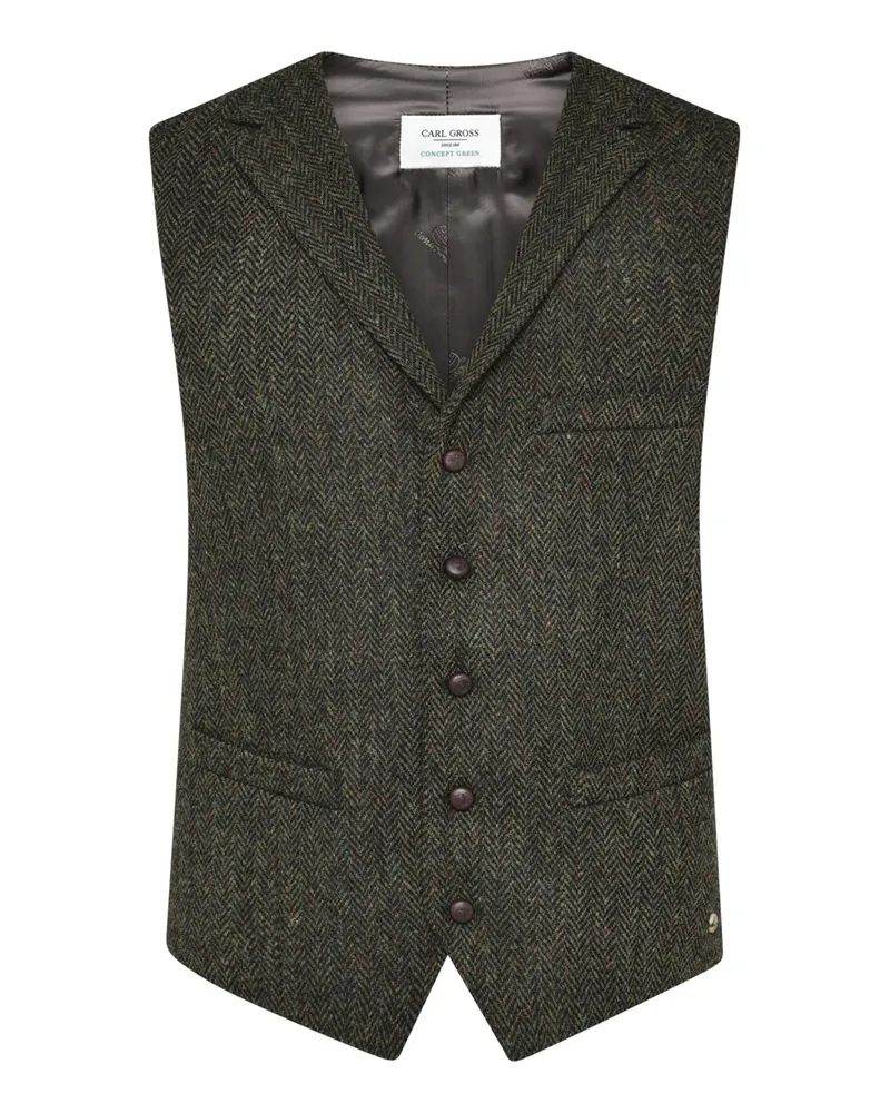 Carl Gross Tweed-Anzugweste aus Schurwolle mit Fischgrätmuster und Reverskragen in Oliv