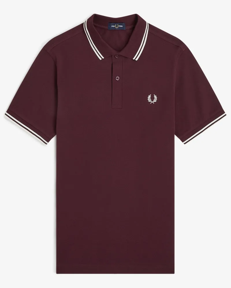 Fred Perry Piqué-Poloshirt mit Streifenakzenten und Logo-Stickerei, Slim Fit in Bordeaux
