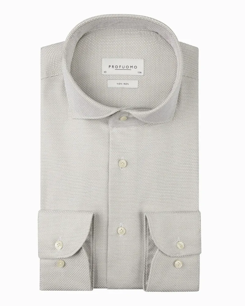 Profuomo Bügelfreies Baumwollhemd mit Haifischkragen in Dobby-Webstruktur, Slim Fit in Beige