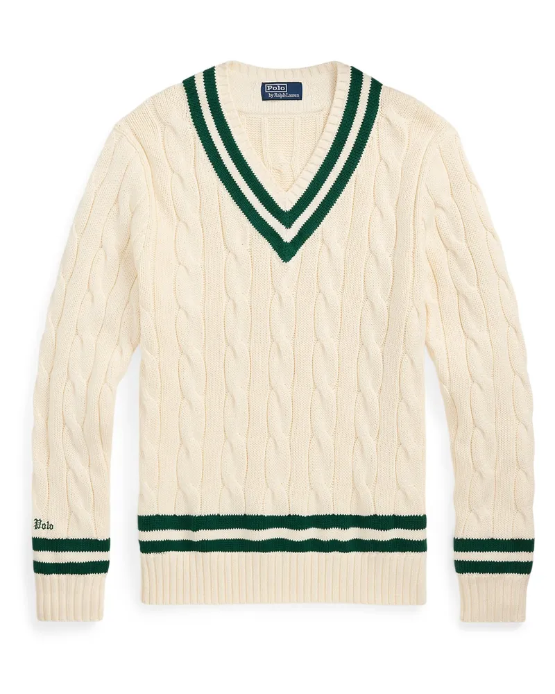 Ralph Lauren Pullover mit Zopfstrick-Muster und V-Ausschnitt in Offwhite