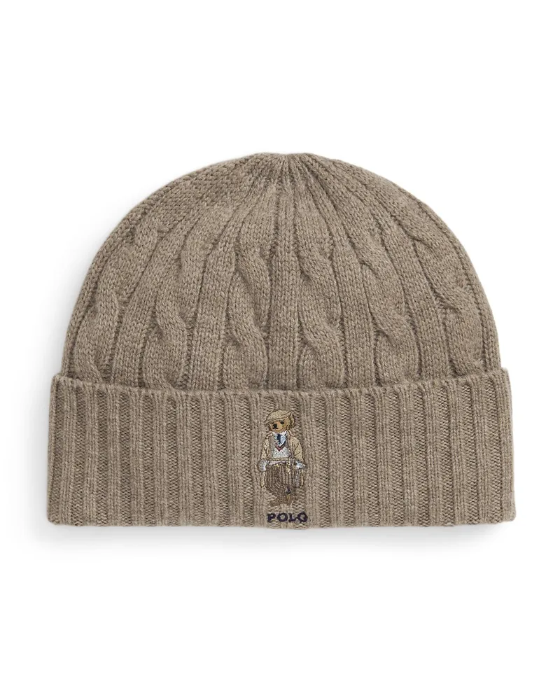 Ralph Lauren Strickmütze mit Kaschmiranteil und Polo-Bear-Aufnäher in Beige