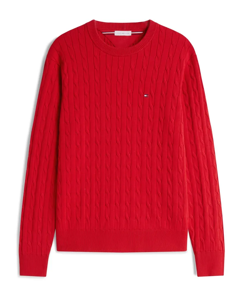 Tommy Hilfiger Leichter Pullover mit O-Neck und Zopfmuster in Rot