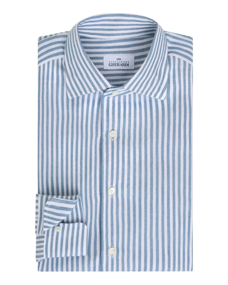 Alessandro Gherardi Gestreiftes Vollzwirn-Baumwollhemd mit Haifischkragen in Marine