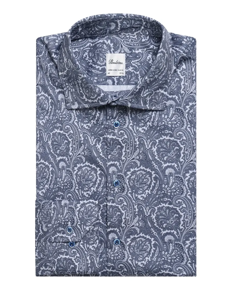 Stenströms Twill Hemd mit Paisley-Muster und extralangem Arm, Slimline in Marine
