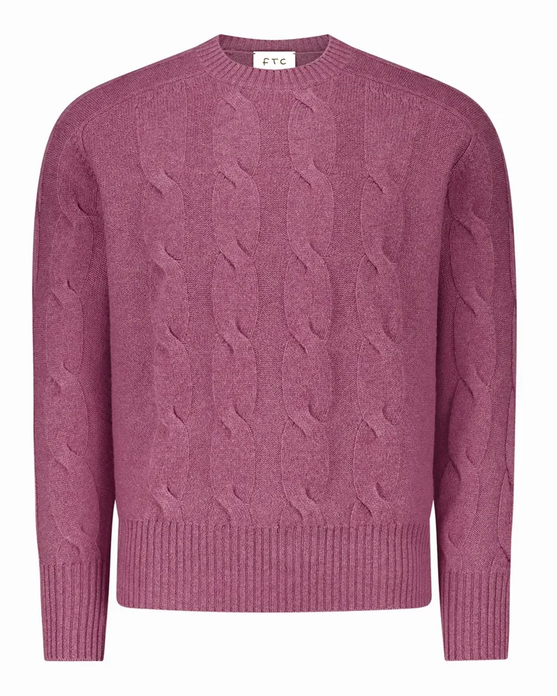 FTC Cashmere Zopfstrick-Pullover aus Kaschmir mit Rundhalsausschnitt in Berry