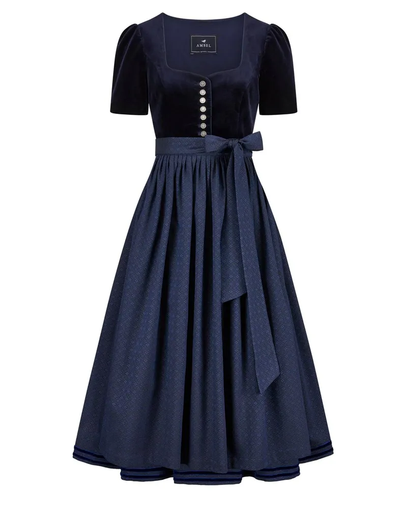 Amsel Langes Samtdirndl Viktoria mit gemusterter Schürze in Blau