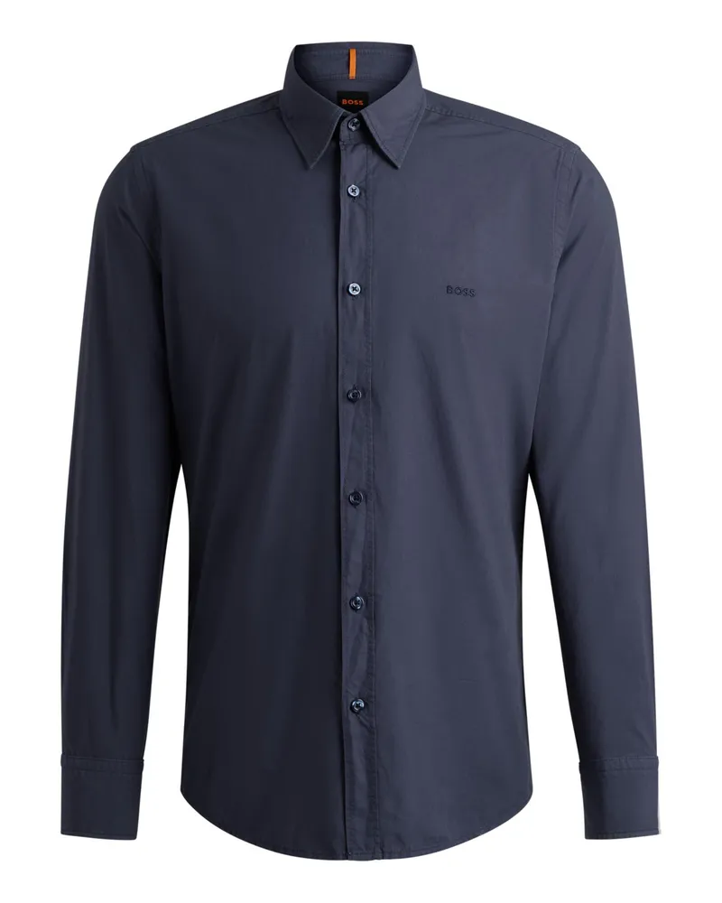 HUGO BOSS Unifarbenes Baumwollhemd Relegant mit Kentkragen, Regular in Marine