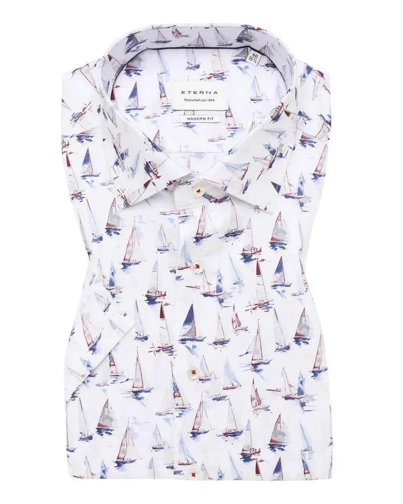 Eterna Bügelfreies Kurzarmhemd aus Baumwolle mit Segel-Print, Modern Fit in Weiß