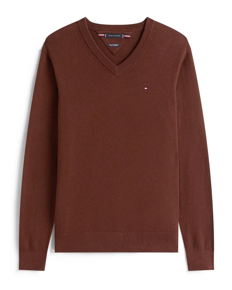 Tommy Hilfiger Leichter Pullover mit Kaschmir und V-Ausschnitt in Braun
