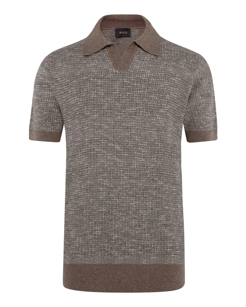 HUGO BOSS Strick-Poloshirt mit Vario-Kragen aus einem Seide-Wolle-Mix in Braun