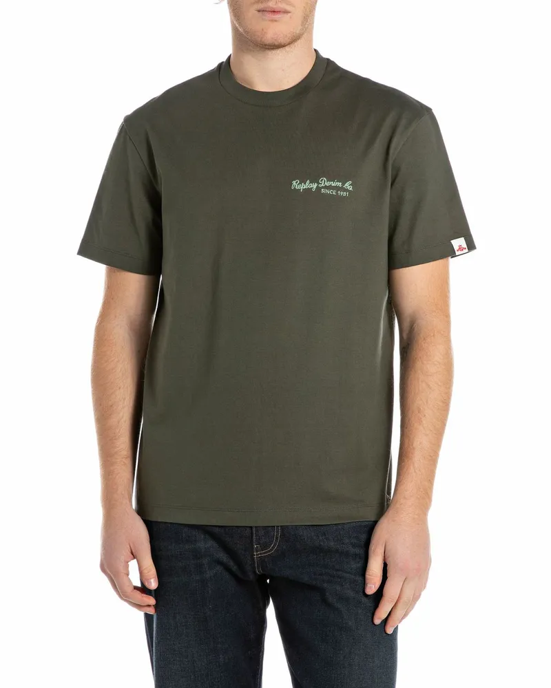 Replay T-Shirt aus Baumwolle mit Schriftzug in Oliv
