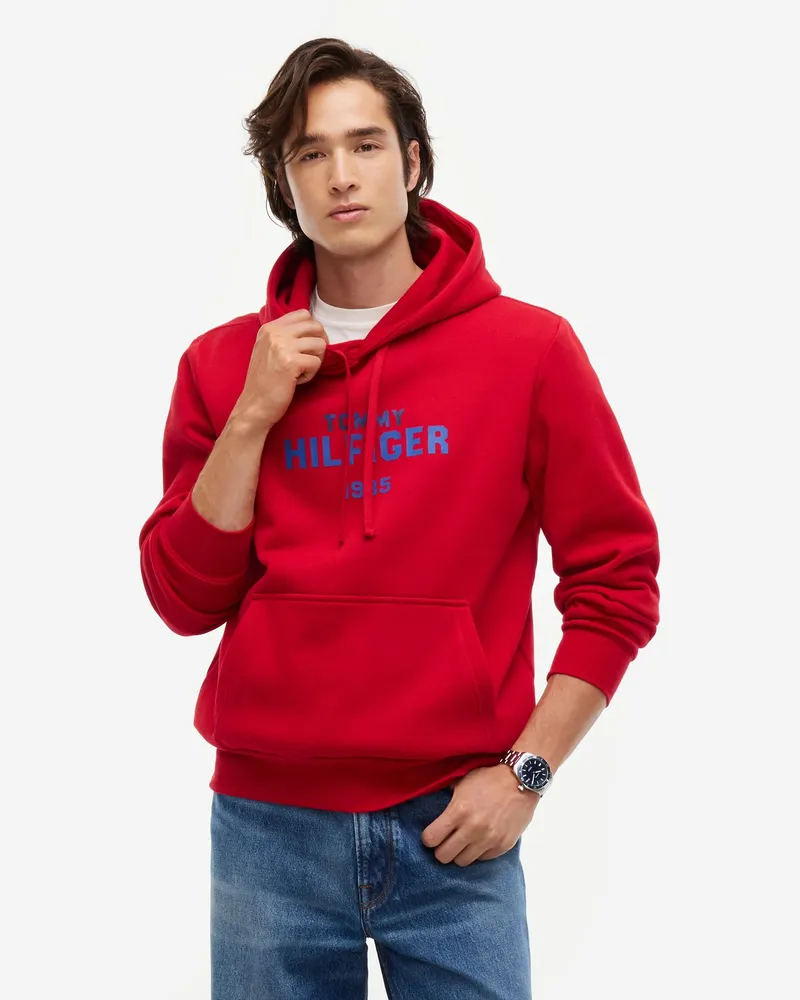 Tommy Hilfiger Hoodie aus einem Baumwoll-Mix mit Label-Print, Regular Fit in Rot