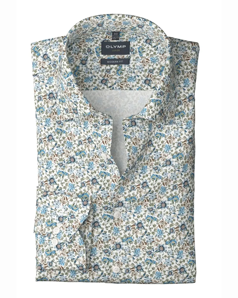 Olymp Luxor, Modern Fit, Hemd mit verkürztem Arm und floralem Print in Weiß