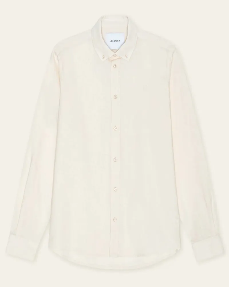 LES DEUX Oxfordhemd aus Baumwolle und Leinen mit Logo-Stickerei, Regular Fit in Natur