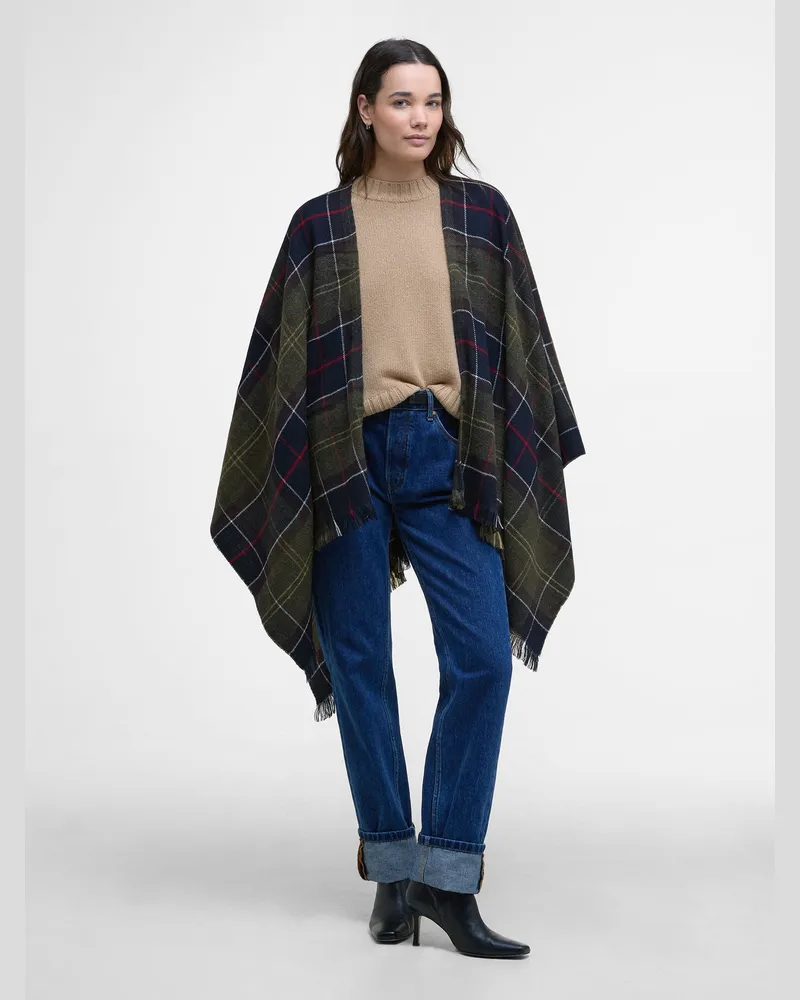 Barbour Leichter Damen-Poncho Staffin mit Fransen und Tartanmuster in Grün
