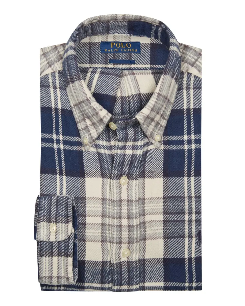 Ralph Lauren Flanellhemd mit Karo-Muster und Reiter-Stickerei, Custom Fit in Blau