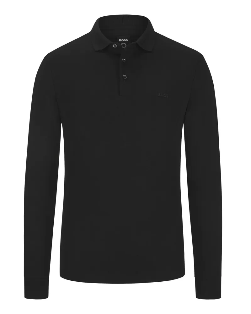 HUGO BOSS Langarm-Poloshirt aus glatter Baumwolle in Schwarz
