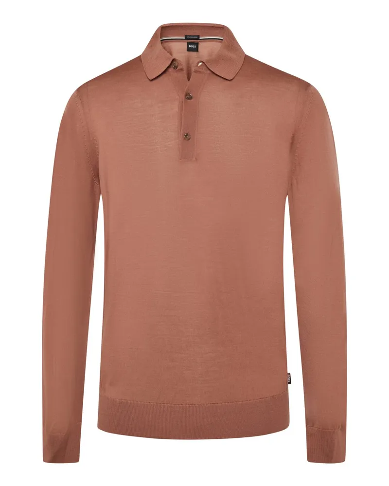 HUGO BOSS Leichter Glattstrick-Pullover mit Polokragen in Rostrot