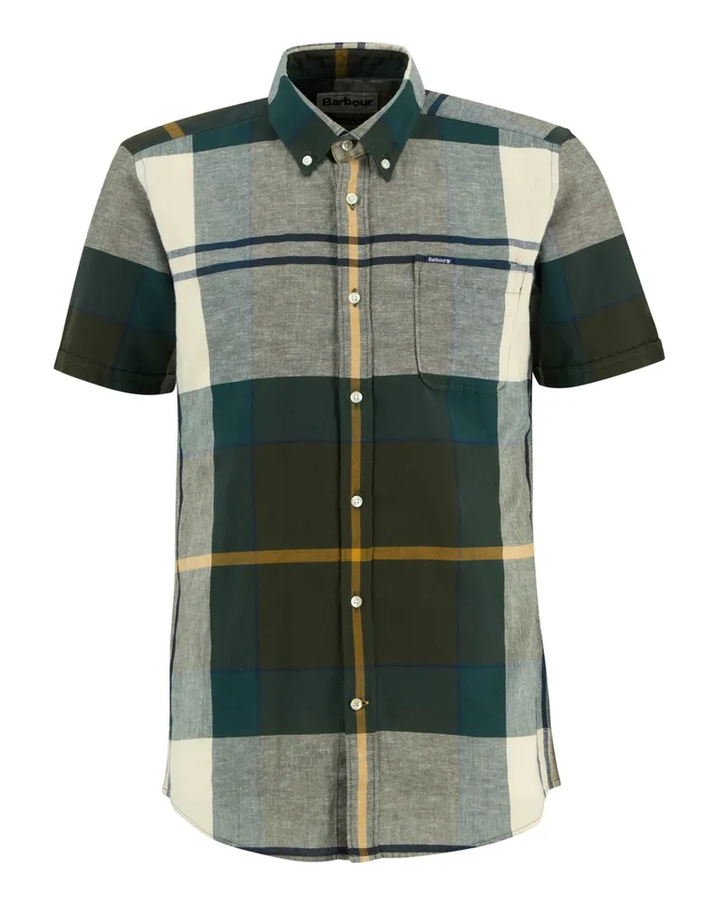 Barbour Kurzarmhemd mit Leinenanteil und Tartanmuster, Tailored Fit in Oliv