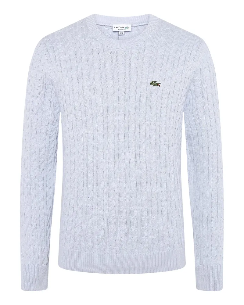 Lacoste Rundhalspullover in Zopfstrickmuster mit kleinem Krokodil-Aufnäher in Hellblau