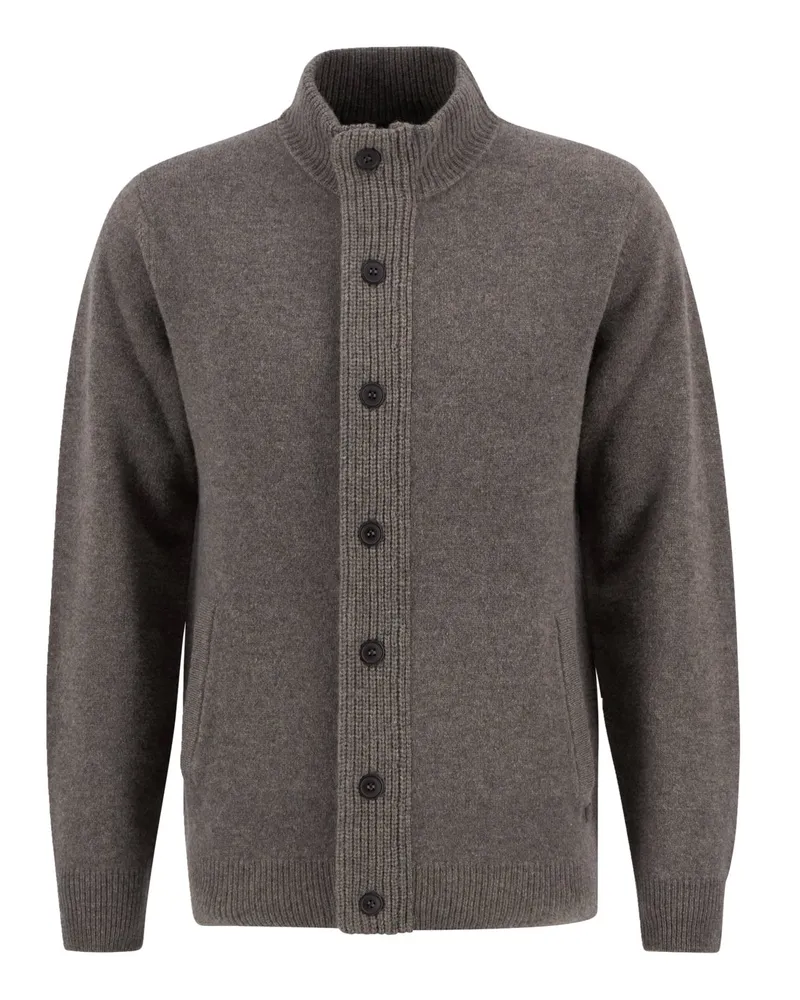 Barbour Cardigan aus Lammwolle mit Knopfleiste und Zip in Braun