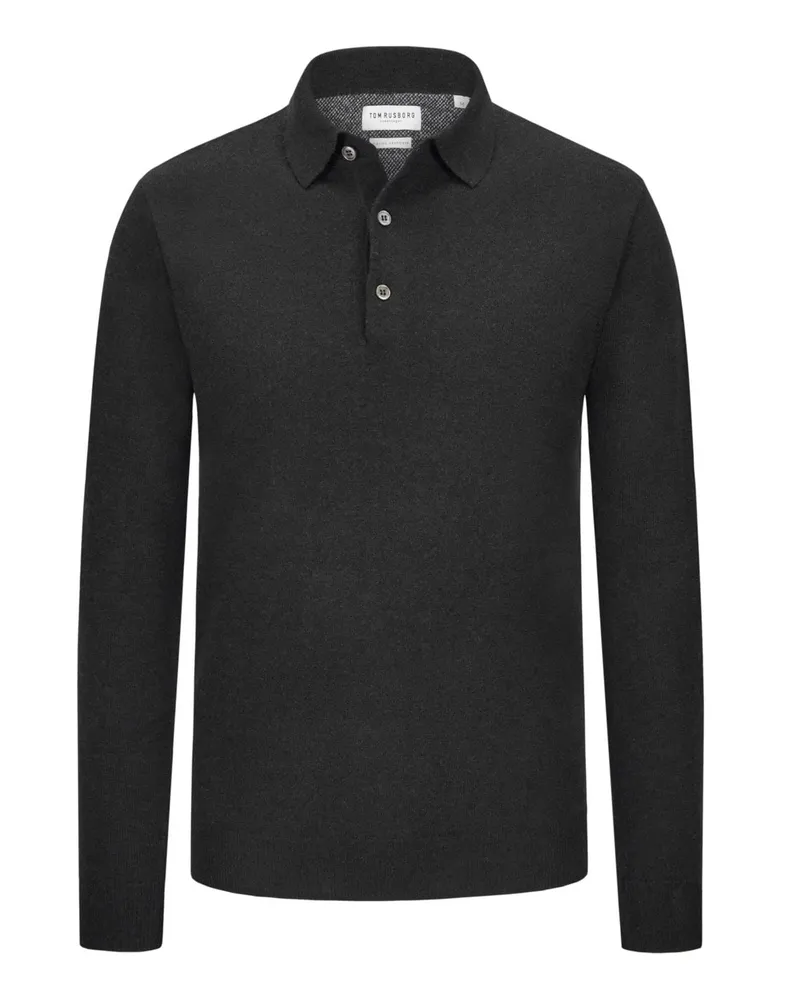 Tom Rusborg Glattstrick-Langarmpoloshirt aus Merinowolle mit Kaschmiranteil in Schwarz