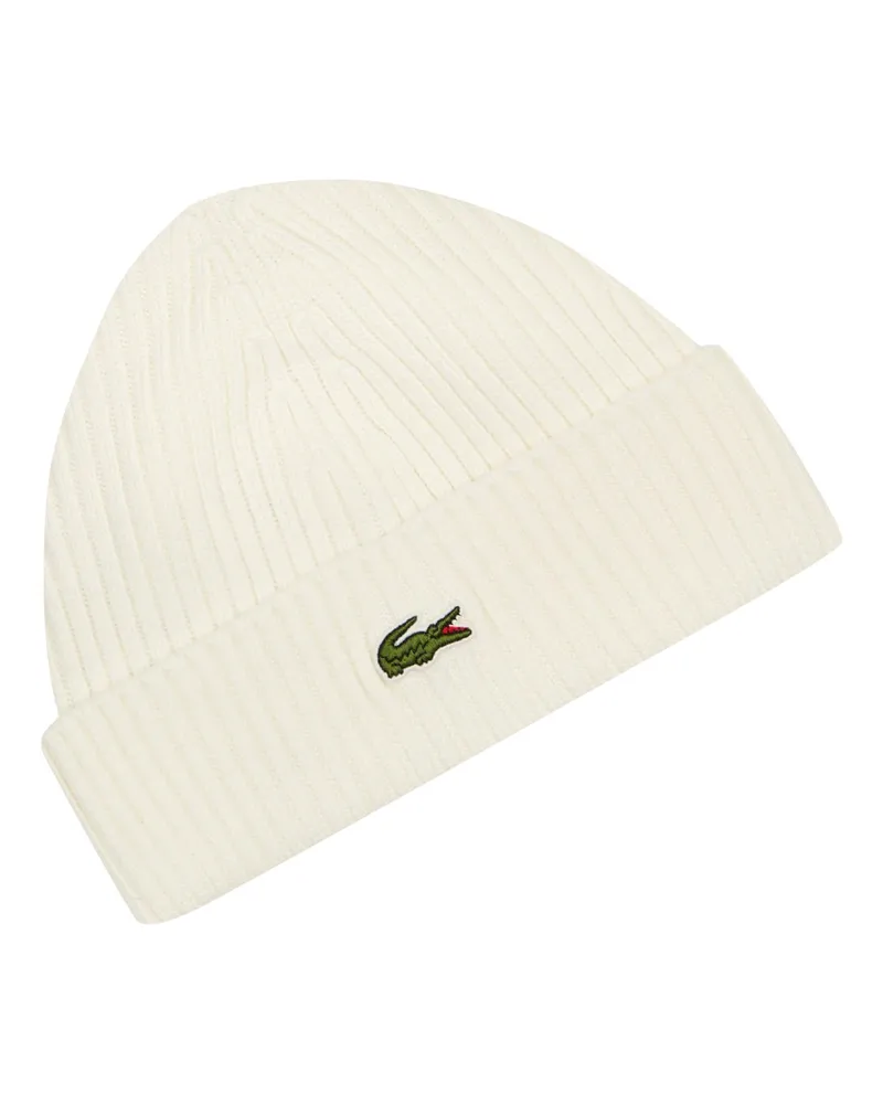 Lacoste Strickmütze aus Wolle mit Logo-Aufnäher in Offwhite