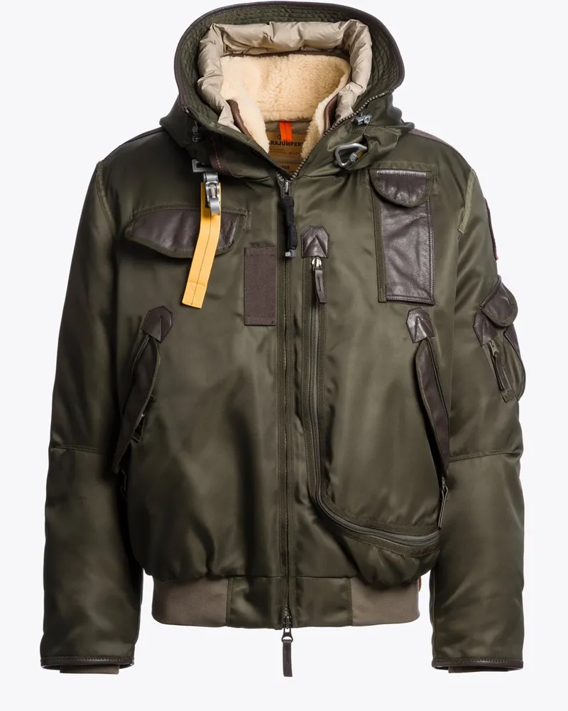 Parajumpers Daunen-Blouson aus robustem MatMix Nylon-Twill mit Leder-Details in Oliv