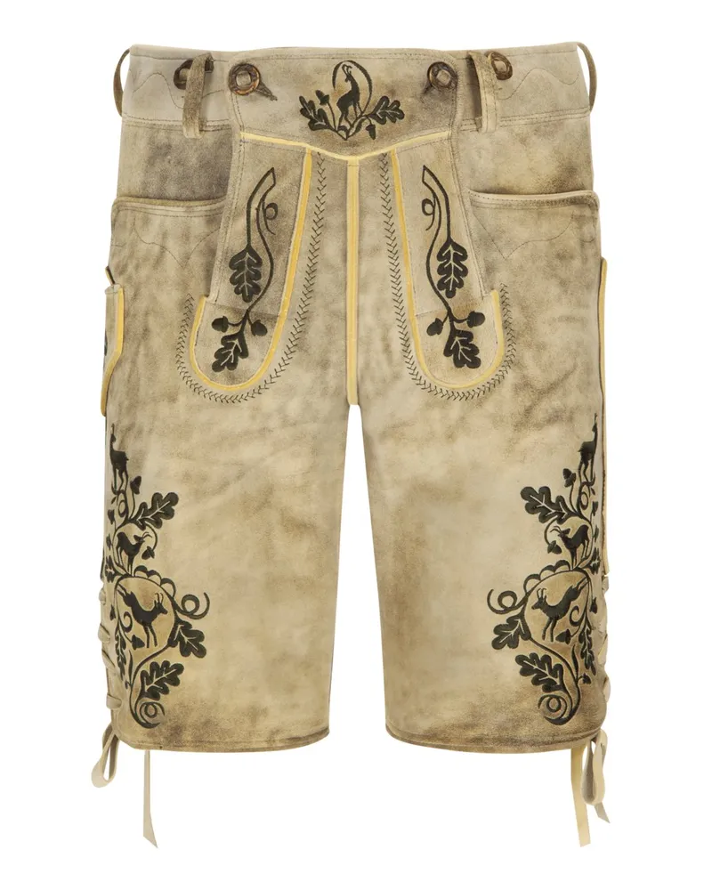 Meindl Munich Light Lederhose aus Hirschleder, oliv Stick in Hellgrau