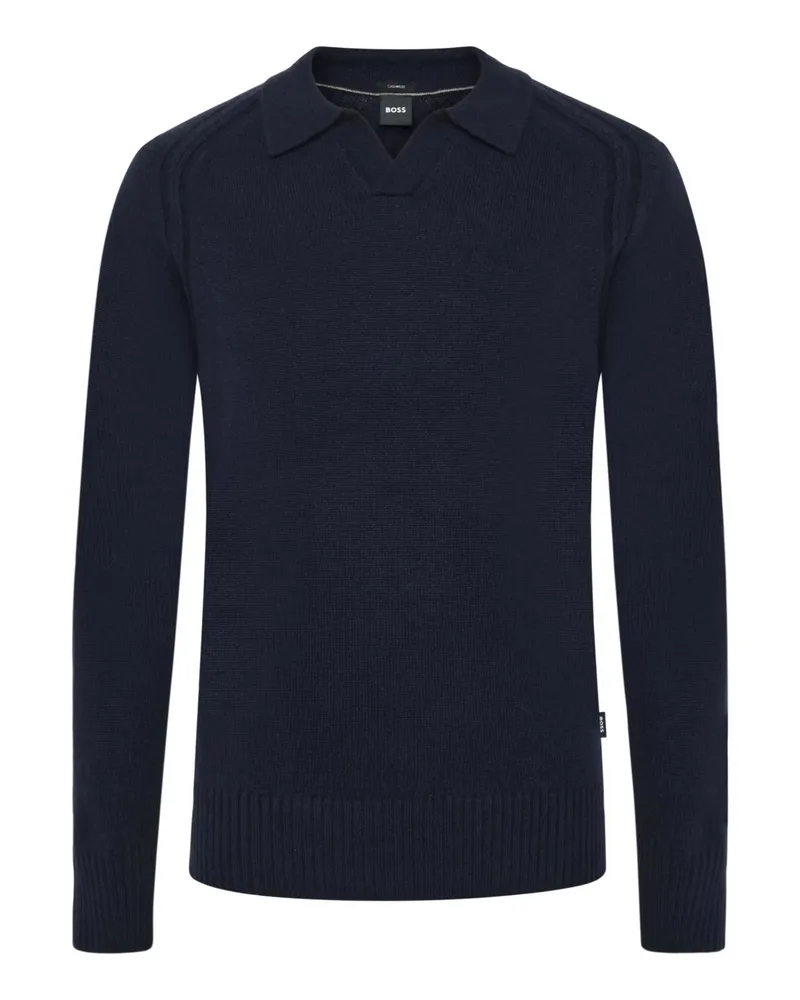 HUGO BOSS Langarm-Strickpoloshirt aus Kaschmir mit Variokragen in Marine