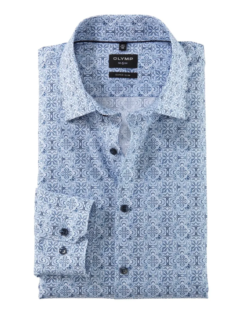 Olymp No.Six, Super Slim, Stretch-Hemd mit Medaillon-Print in Hellblau