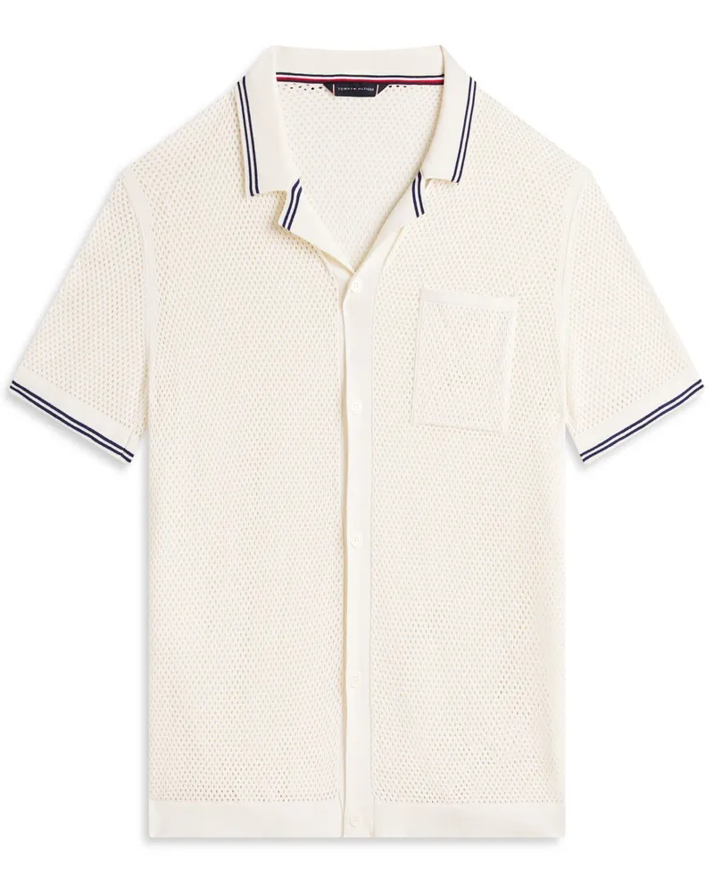 Tommy Hilfiger Perforiertes Kurzarm-Strick-Hemd mit Label-Fähnchen und Brusttasche in Offwhite