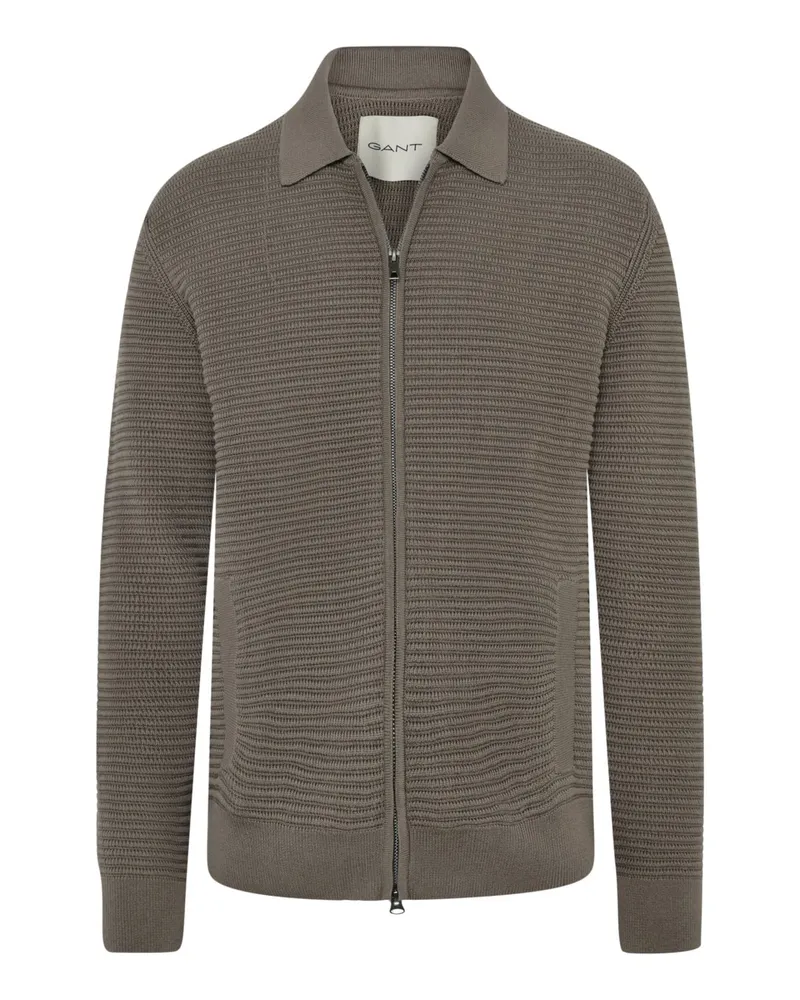 Gant Strickjacke mit Umlegekragen und Zip, Regular Fit in Braun