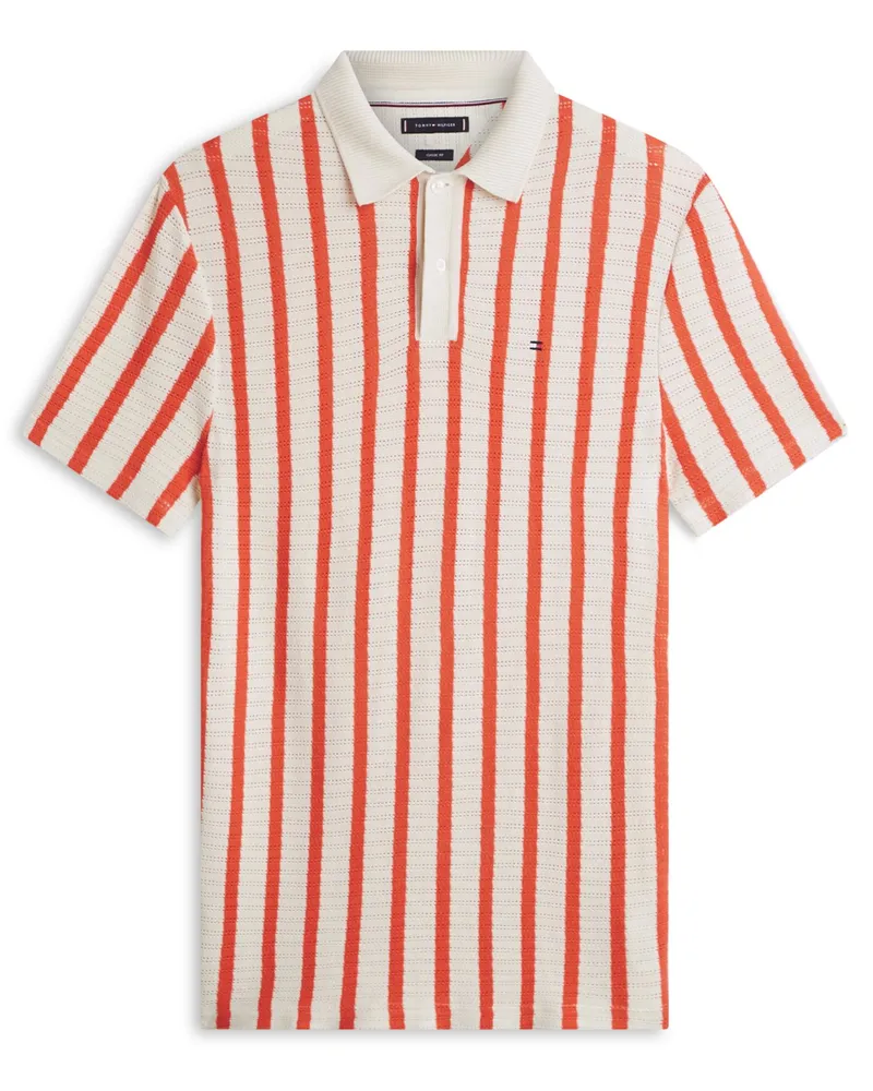 Tommy Hilfiger Strick-Poloshirt mit Blockstreifen und Logo-Fähnchen, Classic Fit in Orange