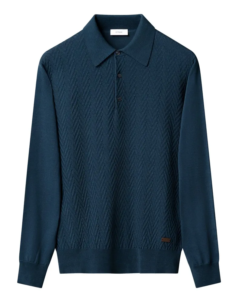 Eton Langarm-Strick-Poloshirt mit Chevron-Struktur, Contemporary Fit in Petrol