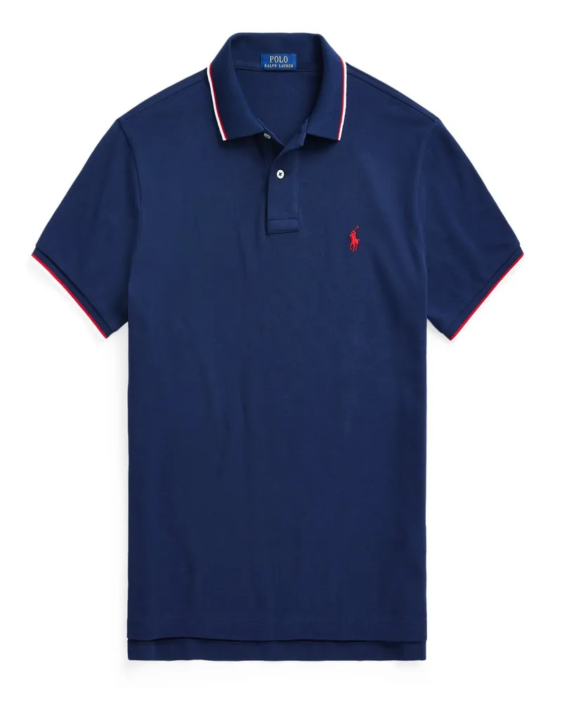 Ralph Lauren Piqué-Poloshirt mit Kontraststreifen und kleiner Pony-Stickerei, Custom Slim Fit in Marine