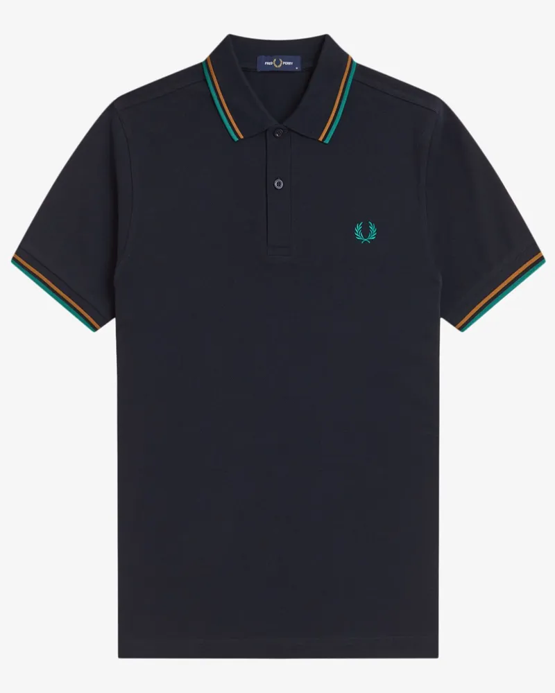 Fred Perry Piqué-Poloshirt mit Logo-Stickerei und Streifenakzenten in Marine