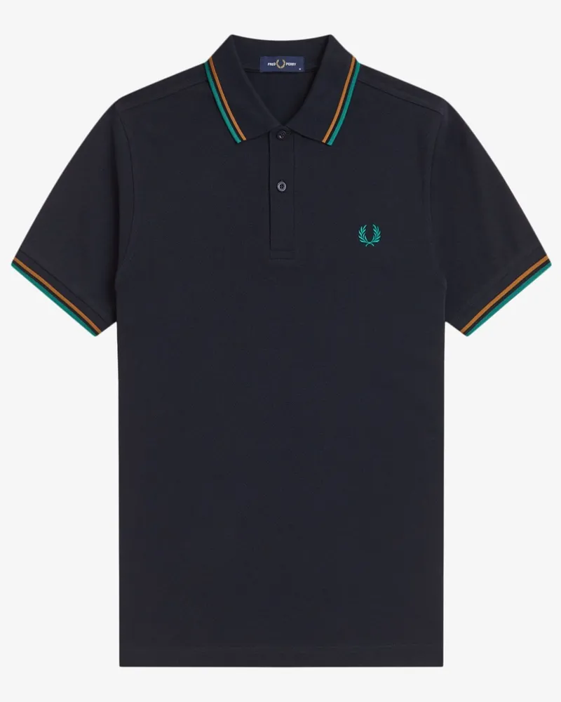 Fred Perry Piqué-Poloshirt mit Logo-Stickerei und Streifenakzenten in Marine