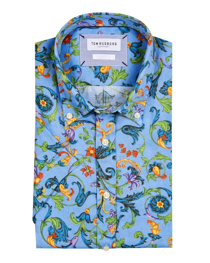 Tom Rusborg Leinen-Kurzarmhemd mit buntem Pflanzen-Muster in Multicolor