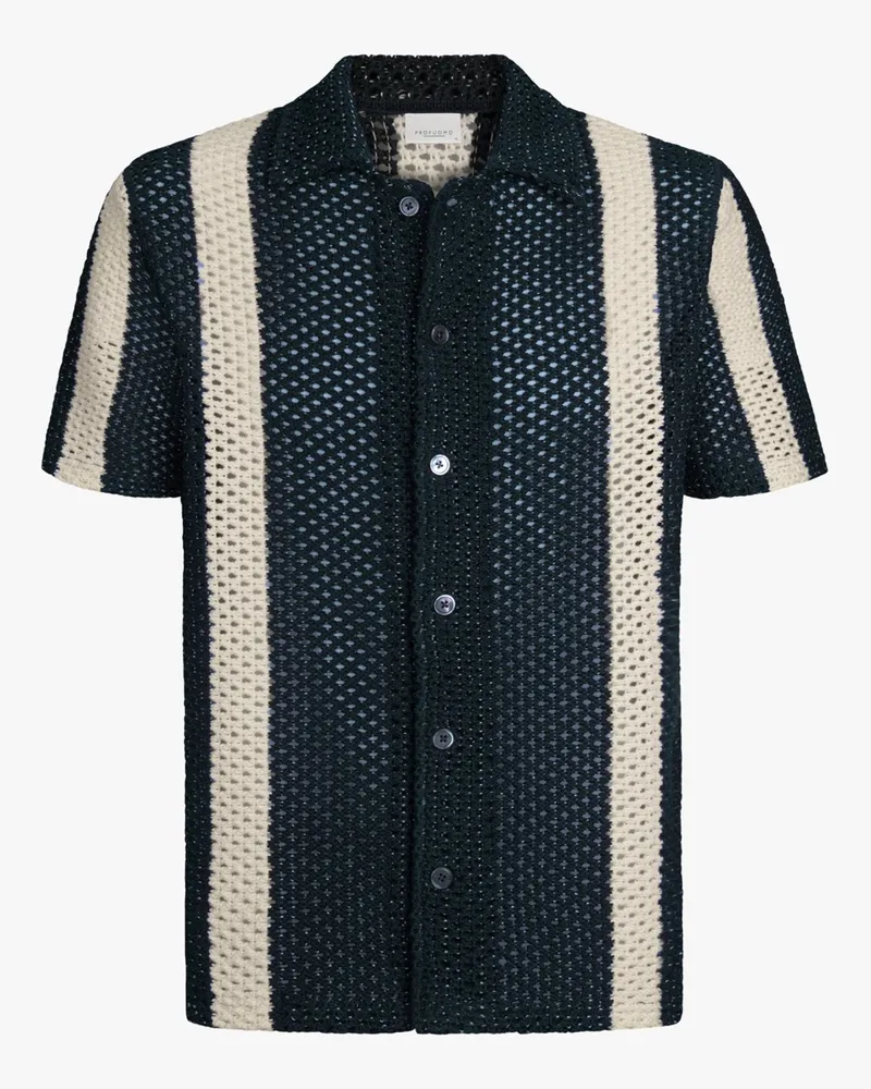 Profuomo Grobstrick-Kurzarmhemd mit Streifenakzenten und Netzstruktur in Marine