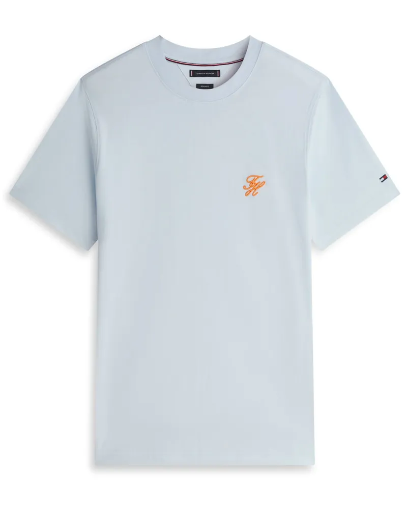 Tommy Hilfiger Glattes T-Shirt aus Baumwolle mit Monogramm-Stickerei, Regular Fit in Hellblau