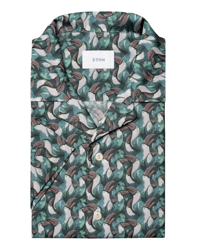 Eton Kurzarmhemd aus Baumwolle mit Tukan-Motiv und Resort-Kragen, Contemporary Fit in Grün