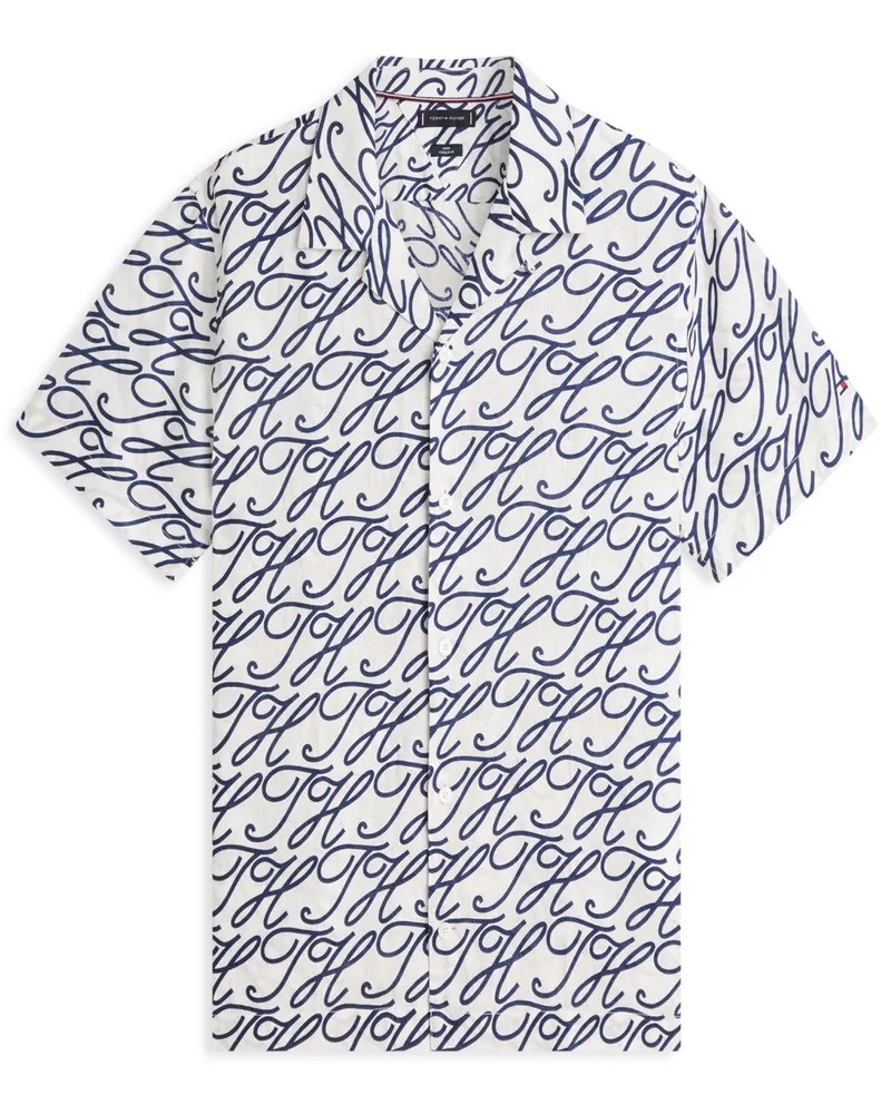 Tommy Hilfiger Leinen-Kurzarmhemd mit Monogramm-Print, Regular in Weiß